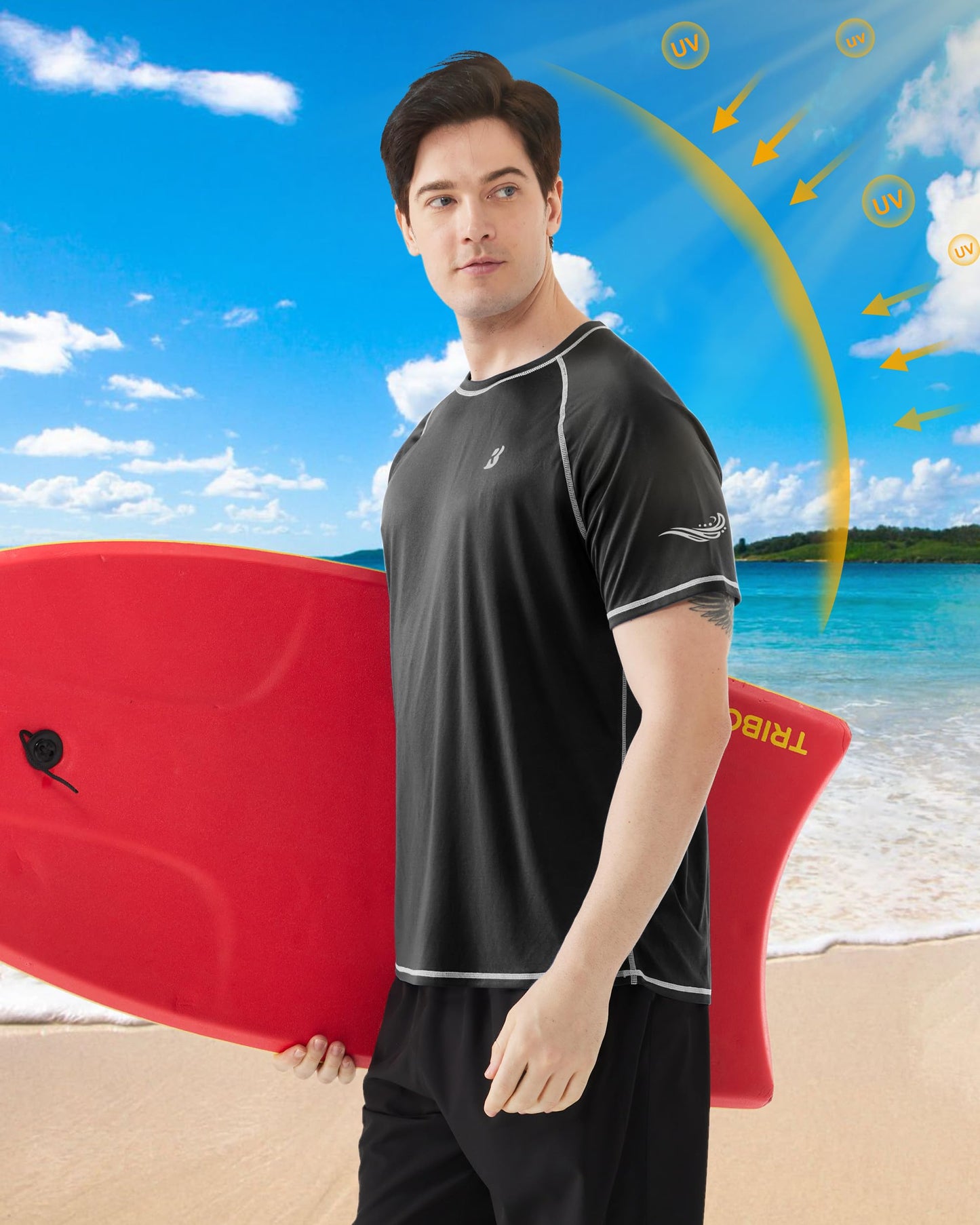 Roadbox Mens UPF 50+ Swim Shirt, Short Sleeve UV Sun Protection Rash Guard, Quick Dry Water T-Shirt Surf Running Workout Tee