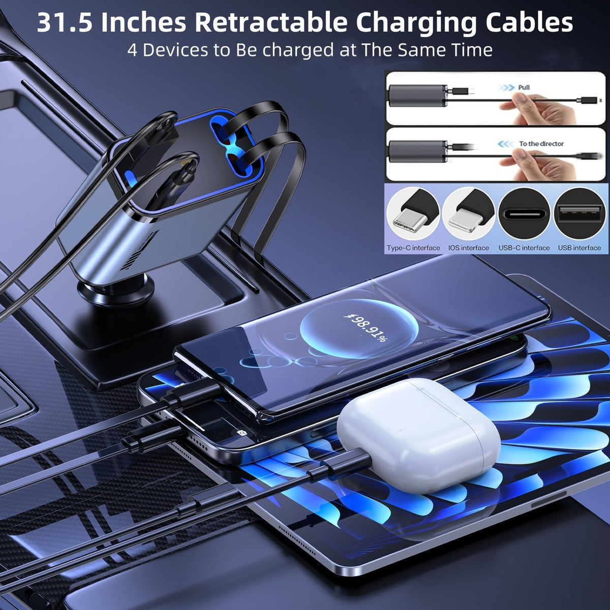 Retractable Car Charger with Galaxy Projector,Type C Fast Car Charger with 120W Power, 2 USB Ports, and Retractable Cables,Compatible with iPhone 16/15/14/13/12/11/iPad and Galaxy Models S23/S22/S10