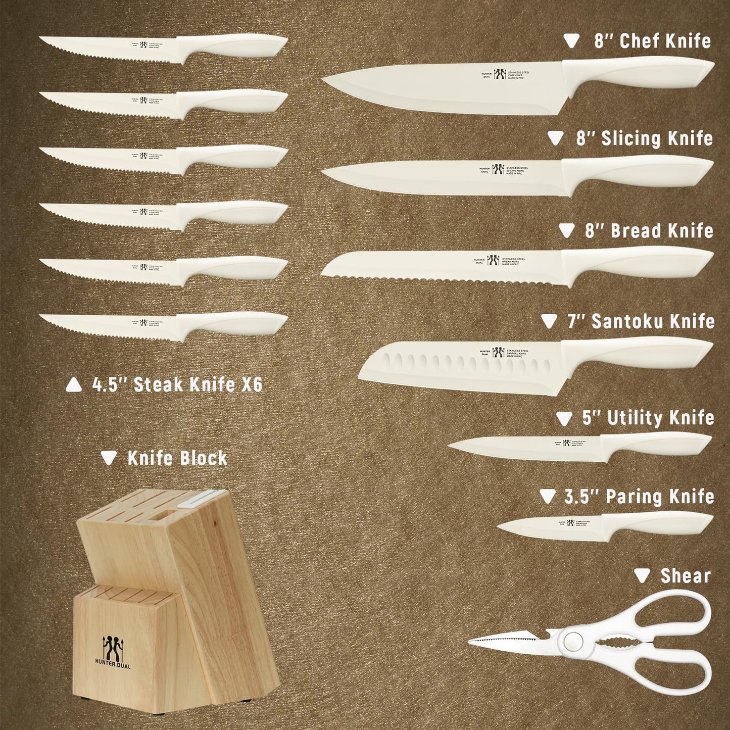 HUNTER.DUAL Knife Set, Dishwasher Safe Kitchen Knife Set with Block, 15 Pcs Cream Kitchen Knife Sets with Block Self Sharpening, 6 Steak Knives (Cream)