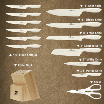 HUNTER.DUAL Knife Set, Dishwasher Safe Kitchen Knife Set with Block, 15 Pcs Cream Kitchen Knife Sets with Block Self Sharpening, 6 Steak Knives (Cream)