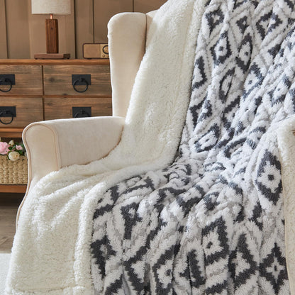 Lotus Karen Sherpa Throw Blankets for Couch Thick and Warm Blanket for Winter Soft Fuzzy Cozy Fluffy Blanket for Sofa Diamond Jacquard Grey 50"x60"
