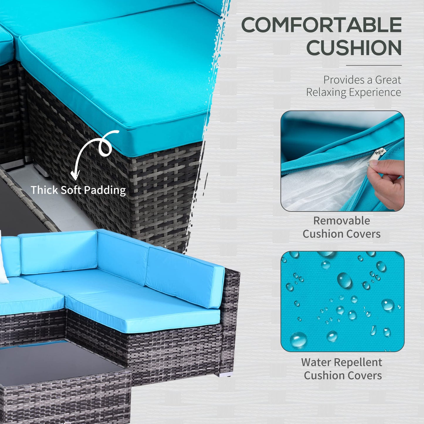 Outsunny 7 Piece Patio Furniture Set, PE Rattan Outdoor Conversation Set with Sectional Sofa, Glass Tabletop, Cushions and Pillows for Garden, Lawn, Deck, Mixed Grey and Sky Blue