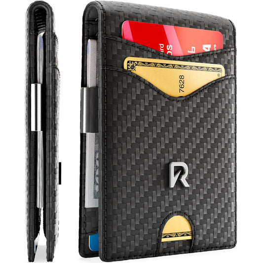 Ronyxet Slim RFID Wallet for Mens – Minimalist Wallet for Men with Money Clip, Holds 12 Cards – Durable Leather Carbon Fiber Men’s Wallet – Perfect Mens Gift