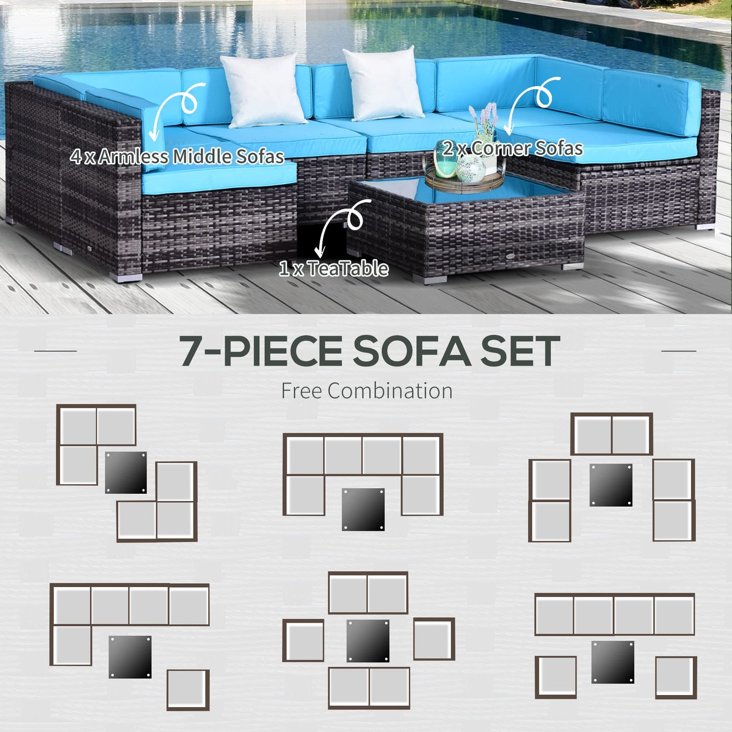 Outsunny 7 Piece Patio Furniture Set, PE Rattan Outdoor Conversation Set with Sectional Sofa, Glass Tabletop, Cushions and Pillows for Garden, Lawn, Deck, Mixed Grey and Sky Blue