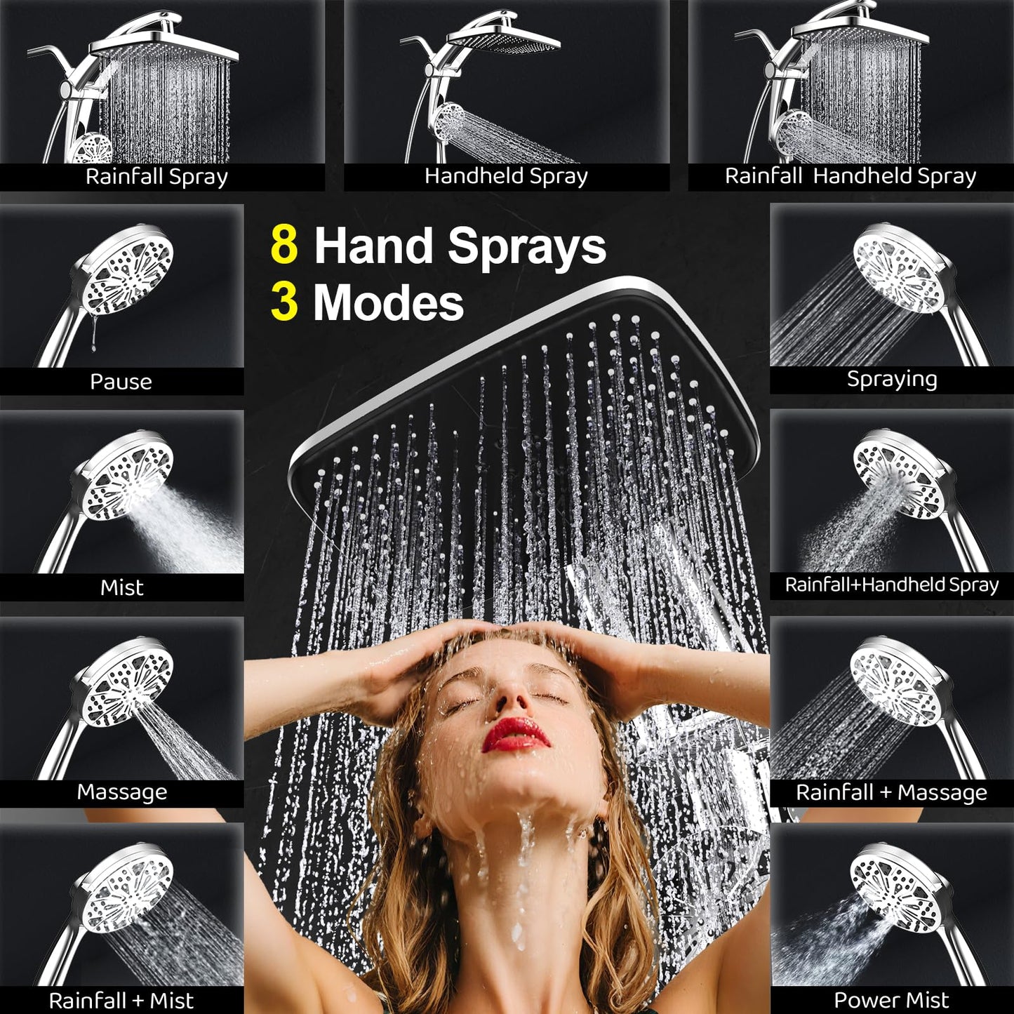 Rain Shower Head with Handheld High Pressure Rainfall Shower Heads with Handheld Spray Combo Adjustable one-piece Stand daul Shower Head Built-in Magnetic Docking and Power Jets（Sliver）