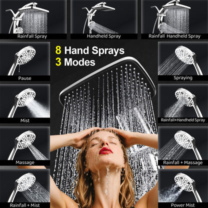 Rain Shower Head with Handheld High Pressure Rainfall Shower Heads with Handheld Spray Combo Adjustable one-piece Stand daul Shower Head Built-in Magnetic Docking and Power Jets（Sliver）