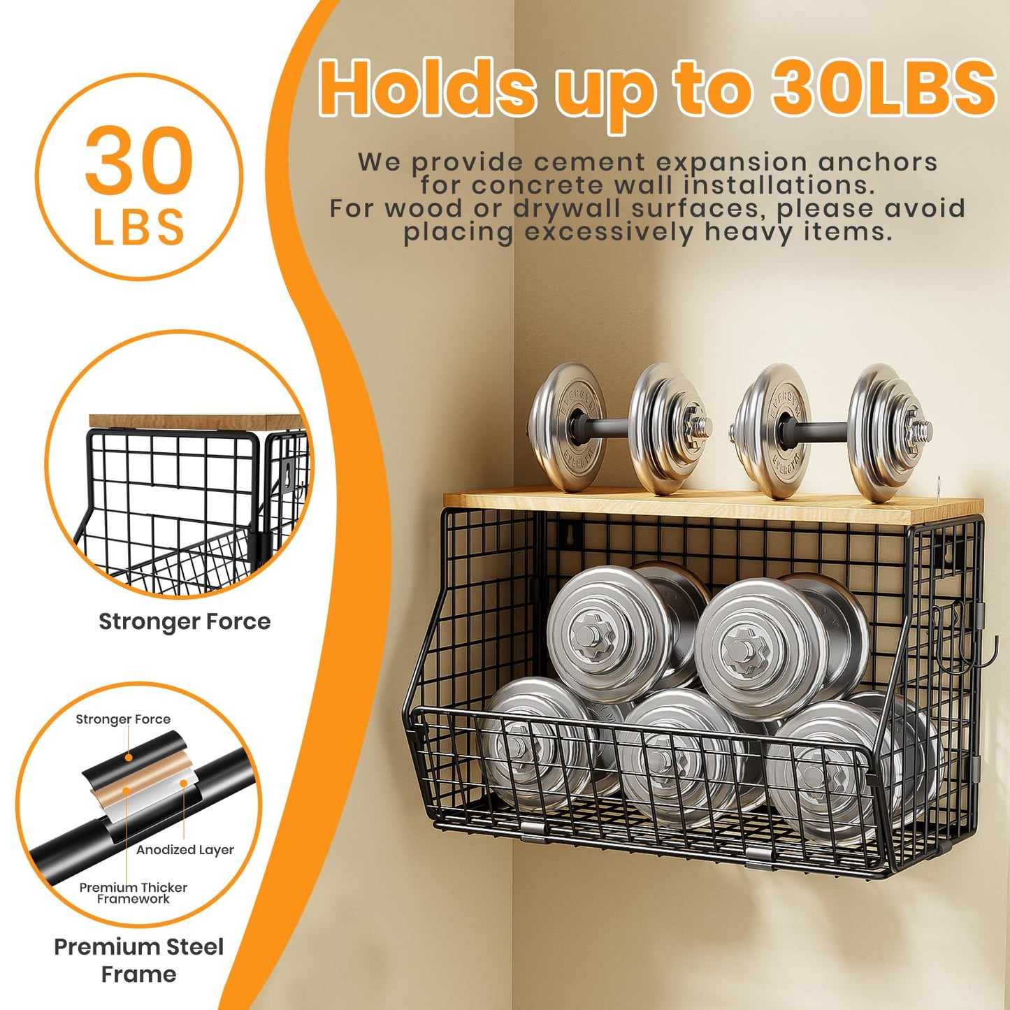 Goovilla Wire Fruit Basket Metal, Kitchen Hanging Fruit Bowl with 3 Banana Hanger, Kitchen Countertop Rack with Wood Lid, Wall mounted Storage Baskets for Vegetables, Bread