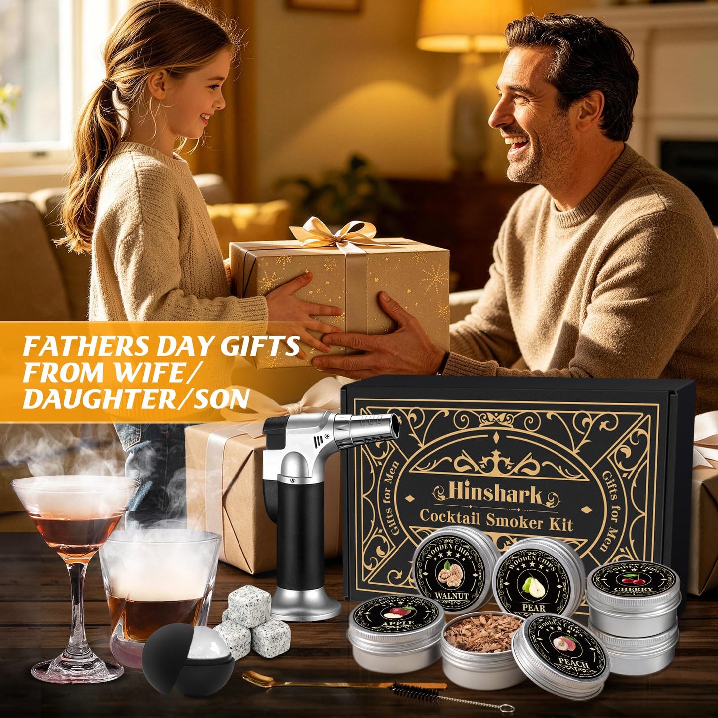 Fathers Day Gift Ideas for Husband, Gifts for Men Whisky Smoker Kit for Bourbon, Anniversary Birthday Gift for Dad Him Husband Grandpa, 6 Flavors Wood Chips for Old Fashioned Smoker Kit (No Butane)