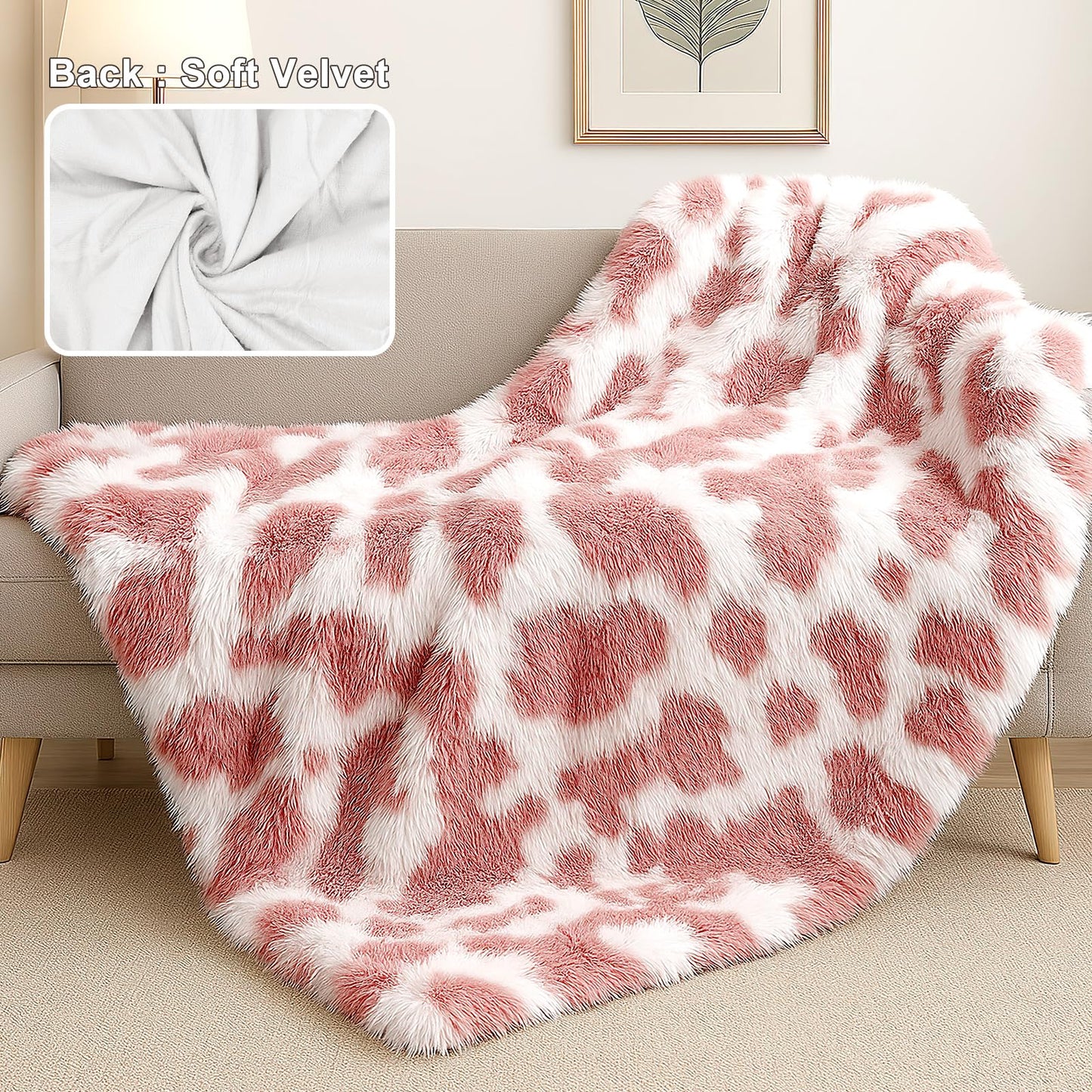 Cow Print Throw Blanket for Couch - Luxury Soft Shaggy Faux Fur Blanket, Cute Fuzzy Plush Cozy Fluffy Blankets for Girls Women, Warm Comfy Bed Sofa Decor, Birthday Gifts,50"x60"(Cow Print Pink)