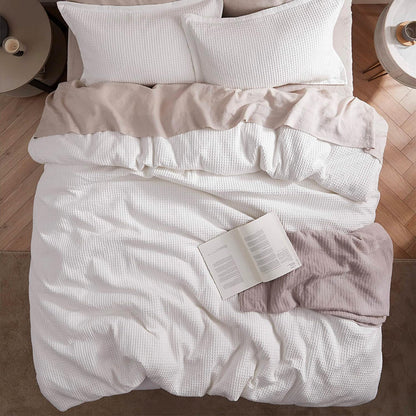 Bedsure PureWoven 3 Pieces 100% Cotton Waffle Duvet Cover Set, Queen, White