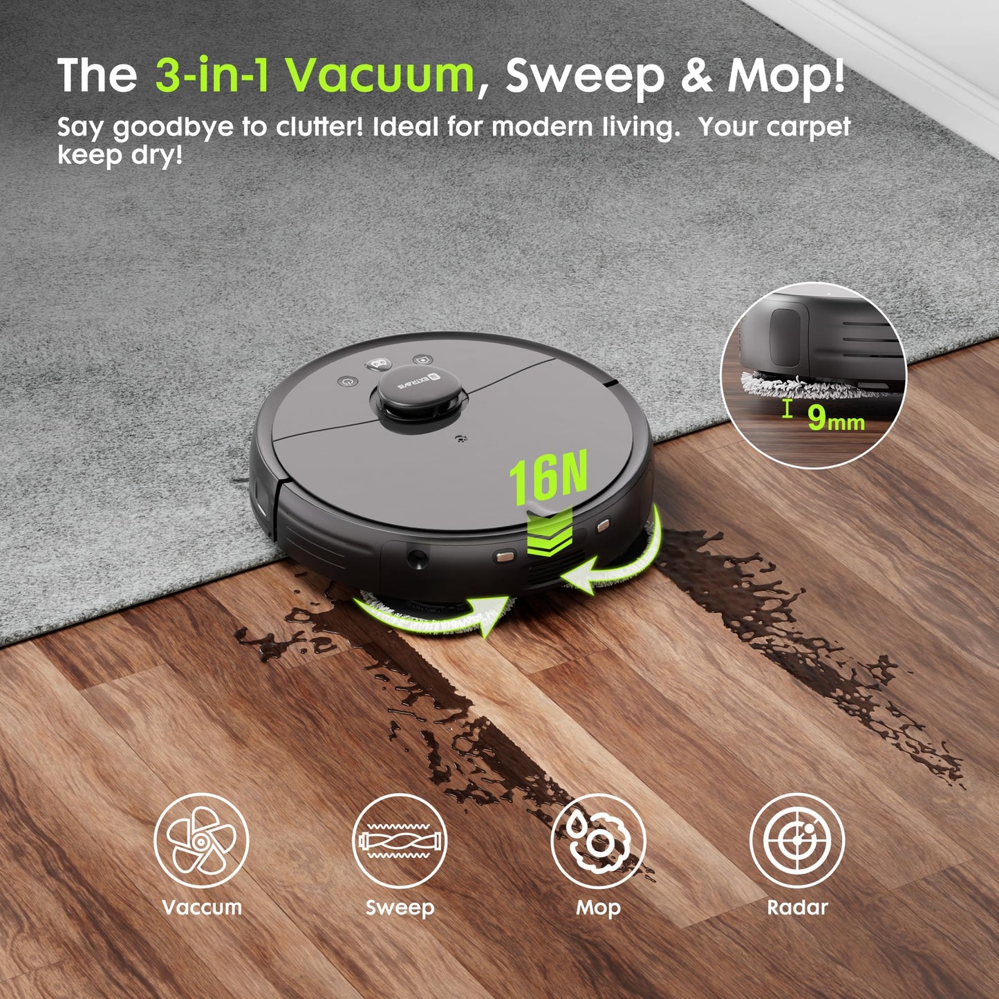 Robot Vacuum and Mop, V5 Pet Hair Tangle Cutter™, 8500Pa, 75-Day Capacity, Laser Navigation, Pet Laser, Ideal for Hair, Hard Floors, Tile, Carpet, Robotic Vacuums Cleaner for App/Alexa Control