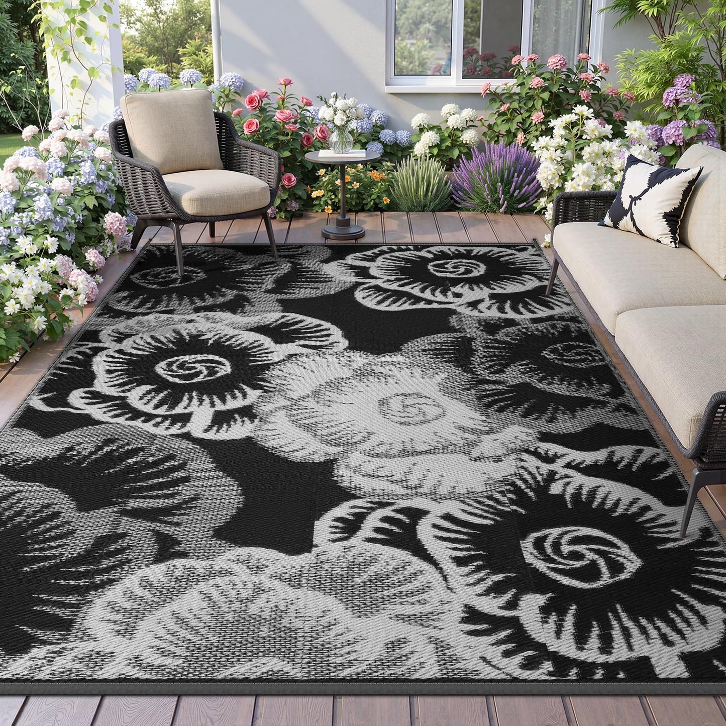 COCOER-Outdoor Rug-Patio Rug 5x8 ft Waterproof Outdoor Patio Rug Picnic Mat Outside for Courtyard Deck Balcony Backyard Reversible Portable Tapis Exterieur Black White Floral