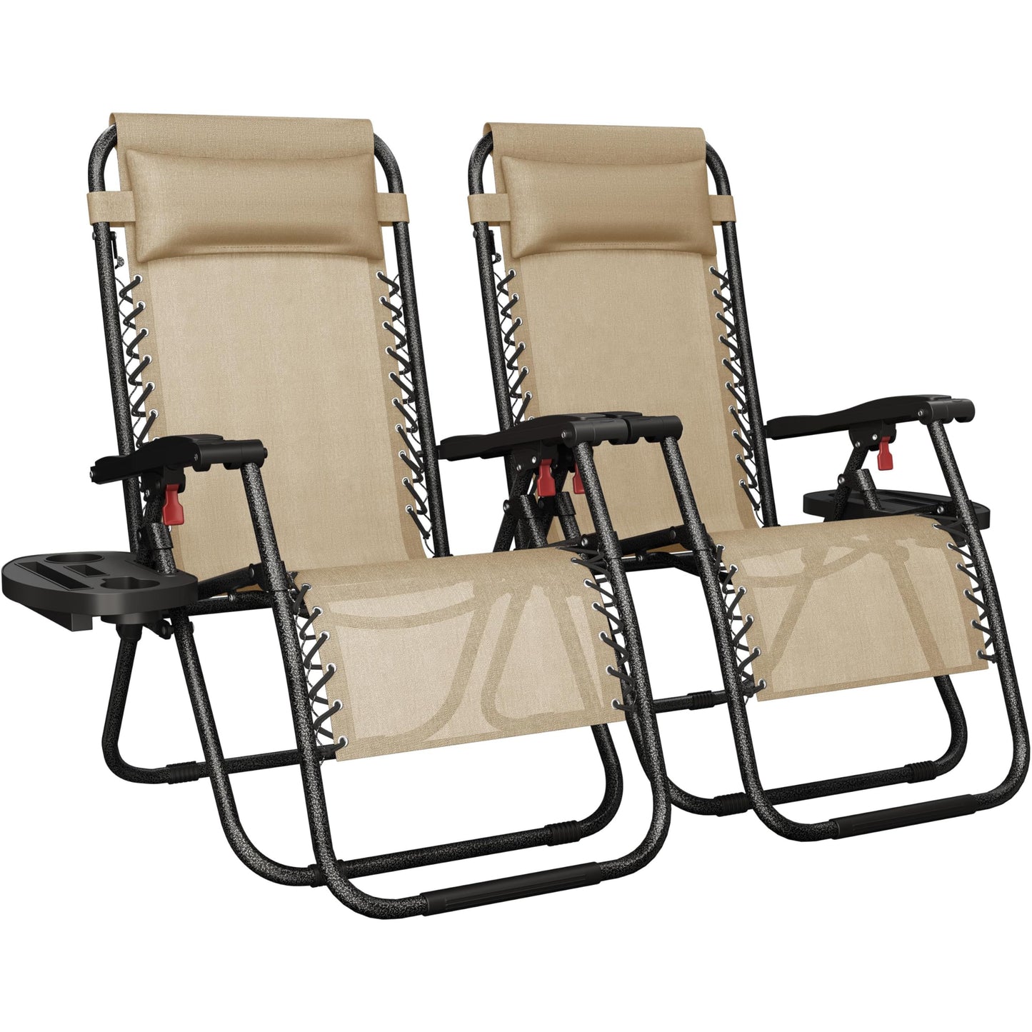 Yaheetech Zero Gravity Recliners Outdoor Adjustable Folding Reclining Lounge Chairs w/Pillows, Cup Holder Trays and Carry Strap for Patio Backyard Beach Beige Set of 2