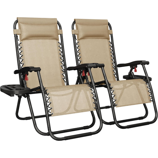 Yaheetech Zero Gravity Recliners Outdoor Adjustable Folding Reclining Lounge Chairs w/Pillows, Cup Holder Trays and Carry Strap for Patio Backyard Beach Beige Set of 2