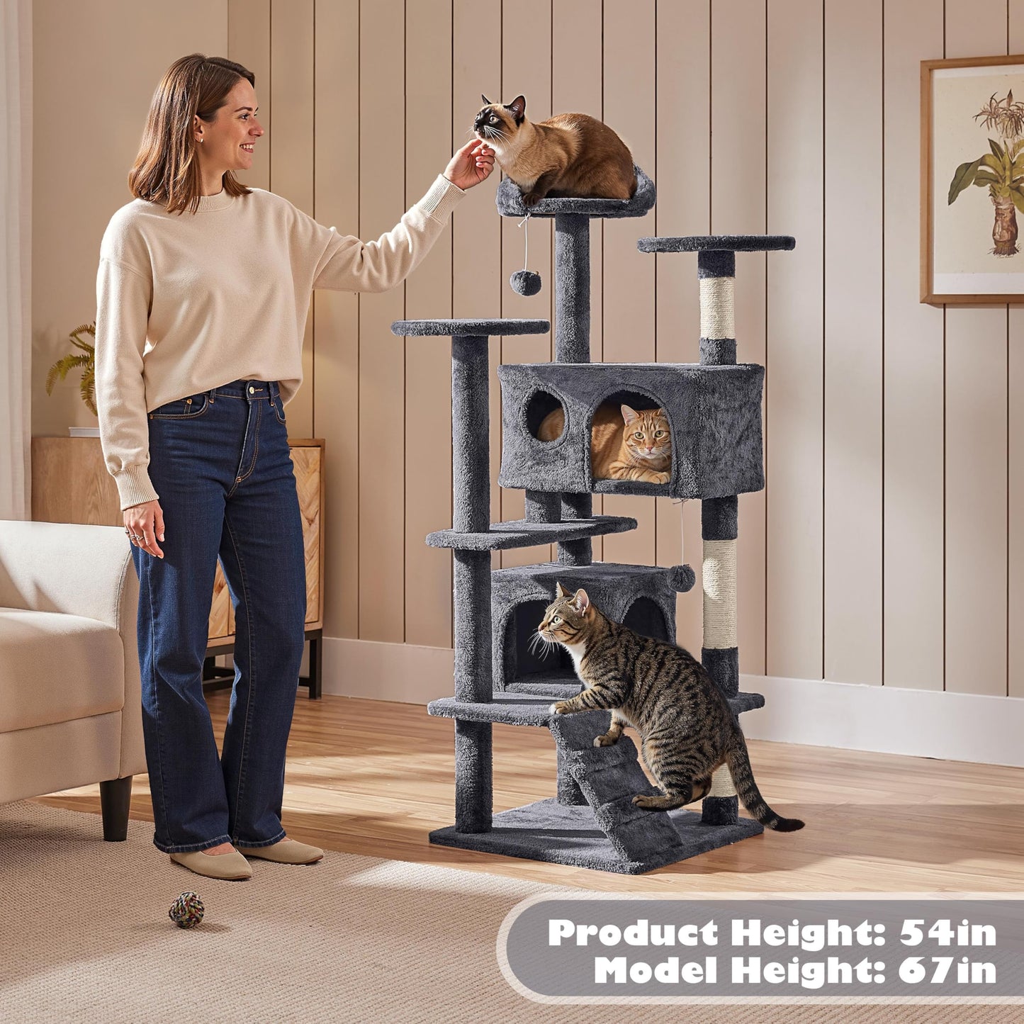 Yaheetech 54in Cat Tree, Multi-Level Cat Tower with Spacious Kitten-ear Perch, 2 Cozy Caves, Scratching Posts, Climbing Ladder, 2 Plush Balls, Durable Pet House Furniture for Indoor Kittens, Dark Gray