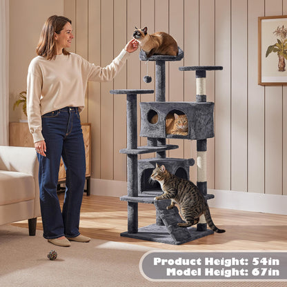 Yaheetech 54in Cat Tree, Multi-Level Cat Tower with Spacious Kitten-ear Perch, 2 Cozy Caves, Scratching Posts, Climbing Ladder, 2 Plush Balls, Durable Pet House Furniture for Indoor Kittens, Dark Gray