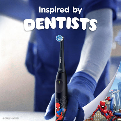 Oral-B iO Kids Rechargeable Electric Powered Toothbrush, Spiderman with 1 Gentle Care Brush Head - Automatic Pressure Sensor to Protect Gums - 3 Cleaning Settings - 2 Min Music Timer - 28 Day Battery Life